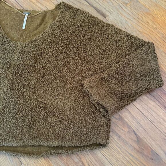 Free People Womens Cognac Brown Oversized Crop Fuzzy Popcorn Knit Sweater Medium - Picture 4 of 11